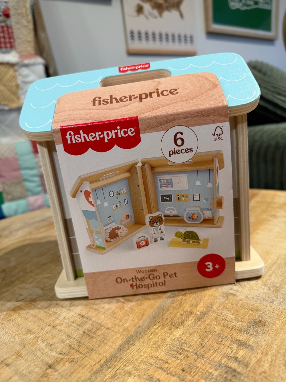 Mattel Fisher-Price Blue and Natural Wooden On-the-Go Pet Hospital Playset